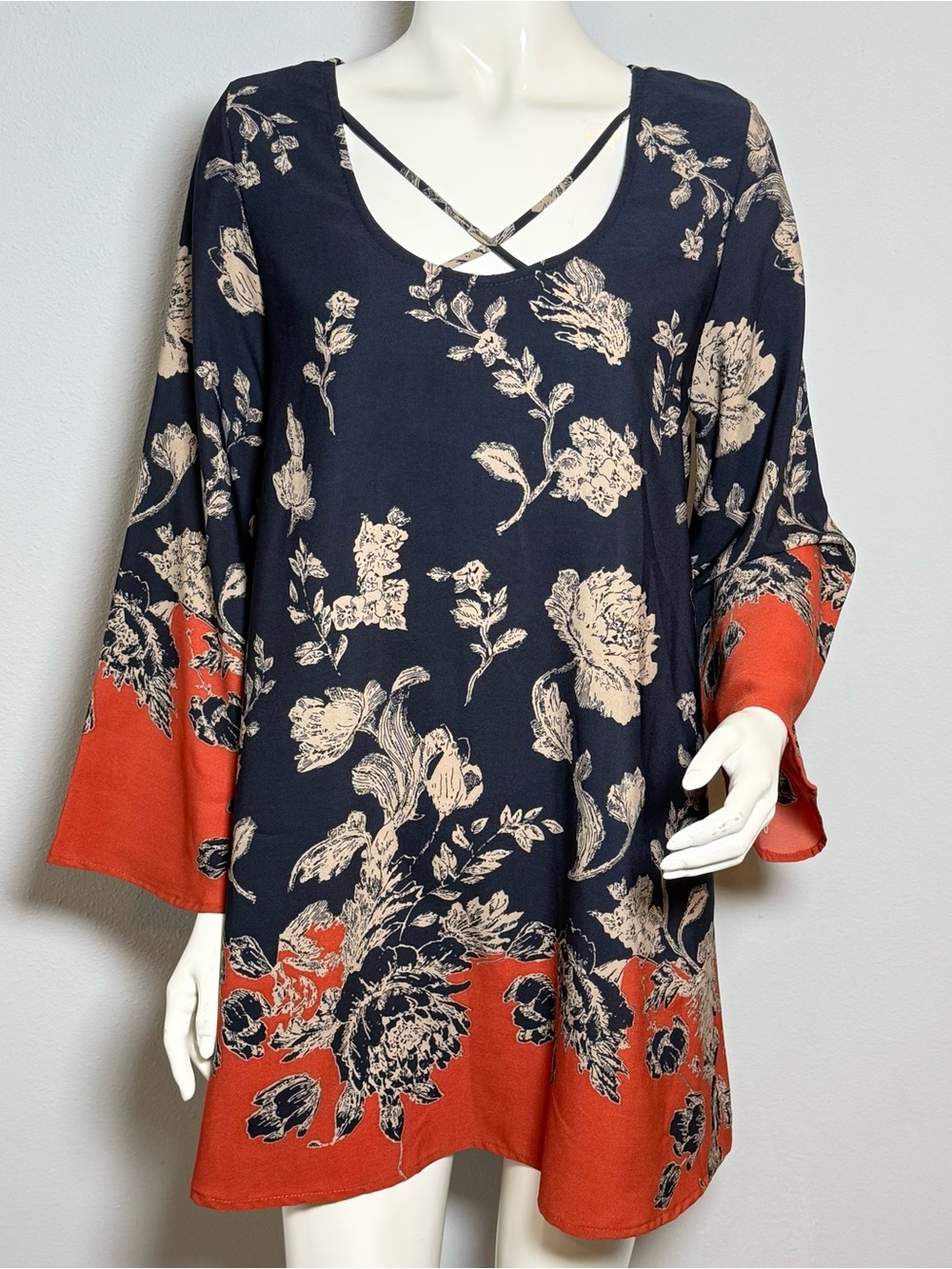 JODIFL Navy Boho Tunic Dress with Floral Print. Showroom Sample. Small. NWOT.